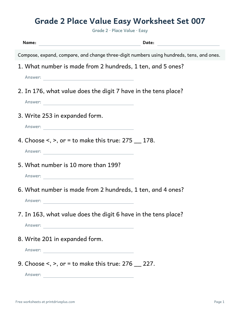 Preview of Grade 2 Place Value Easy Worksheet Set 007