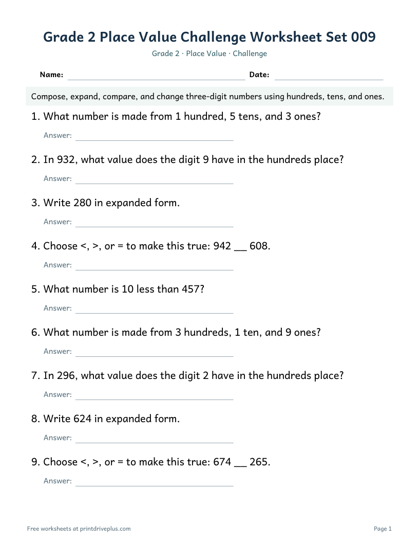 Preview of Grade 2 Place Value Challenge Worksheet Set 009