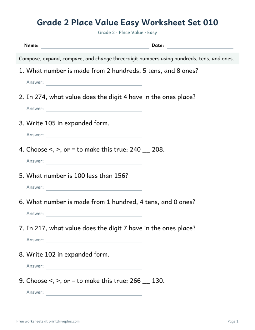 Preview of Grade 2 Place Value Easy Worksheet Set 010