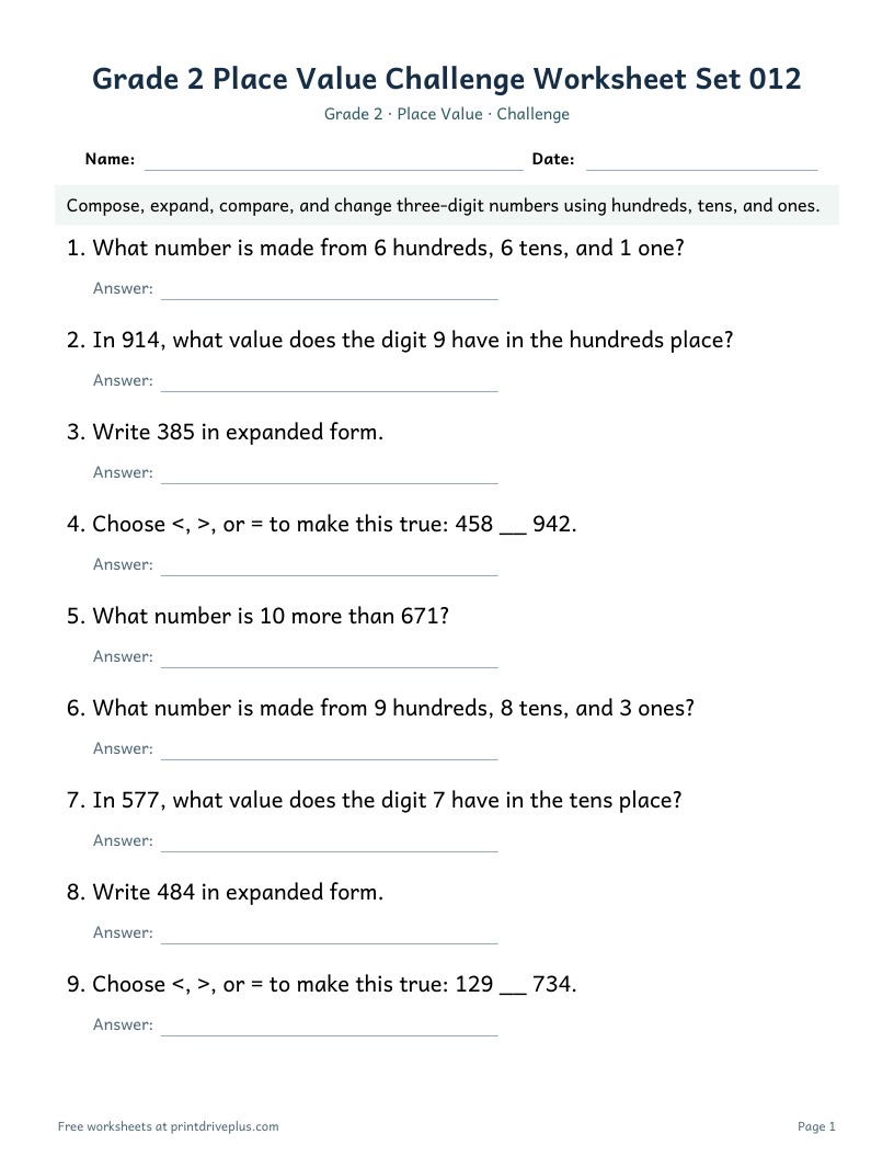 Preview of Grade 2 Place Value Challenge Worksheet Set 012