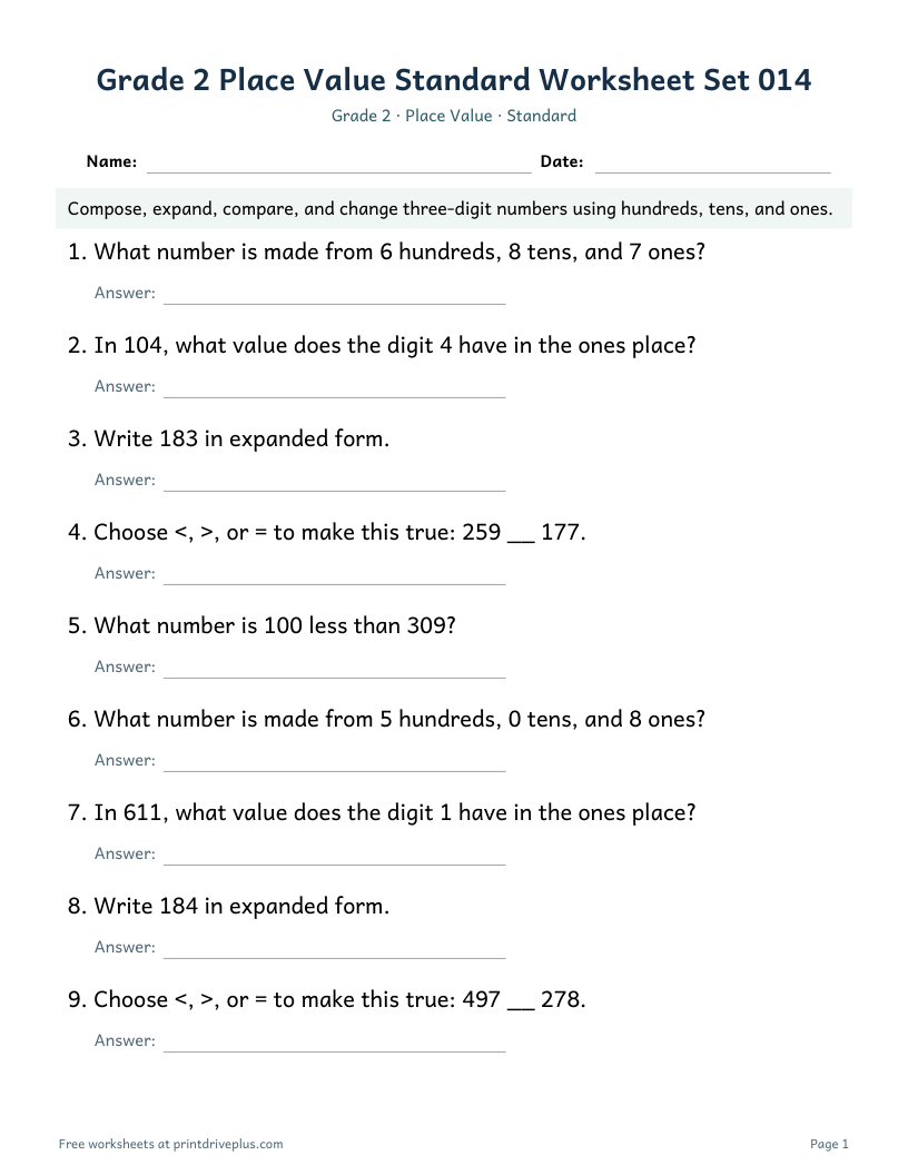 Preview of Grade 2 Place Value Standard Worksheet Set 014