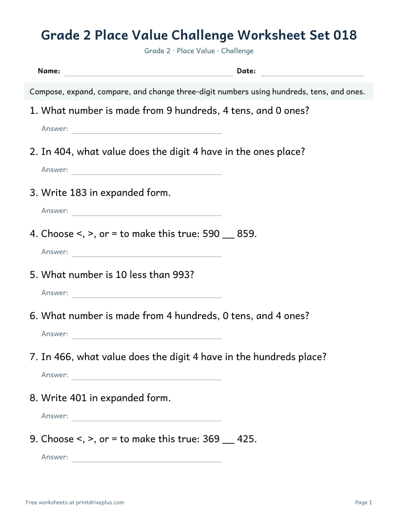 Preview of Grade 2 Place Value Challenge Worksheet Set 018