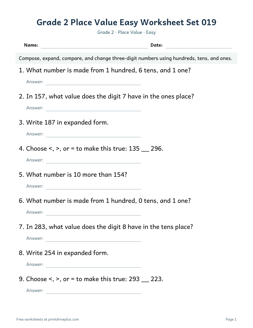 Preview of Grade 2 Place Value Easy Worksheet Set 019