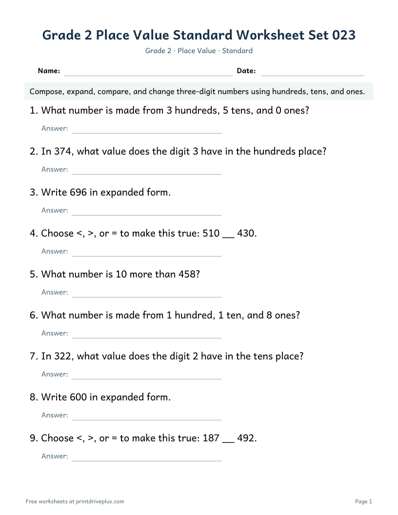 Preview of Grade 2 Place Value Standard Worksheet Set 023