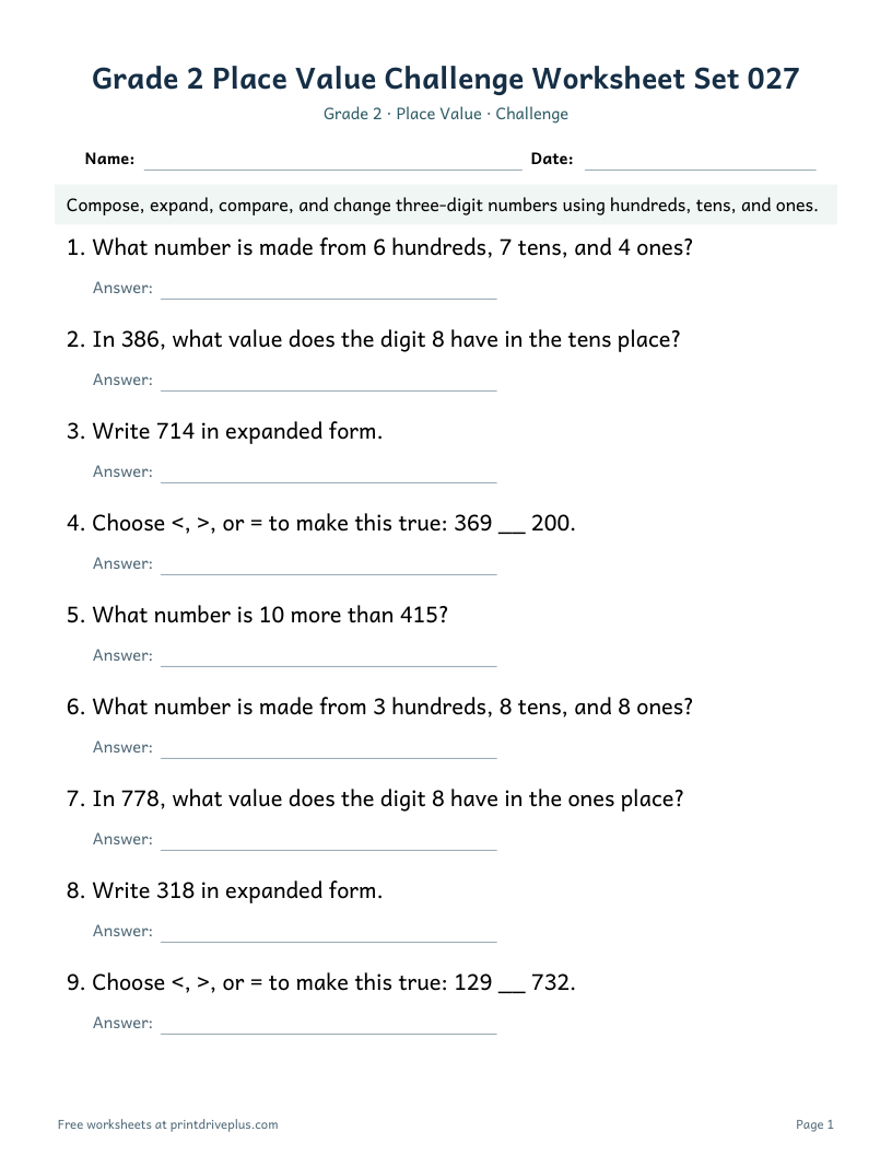 Preview of Grade 2 Place Value Challenge Worksheet Set 027