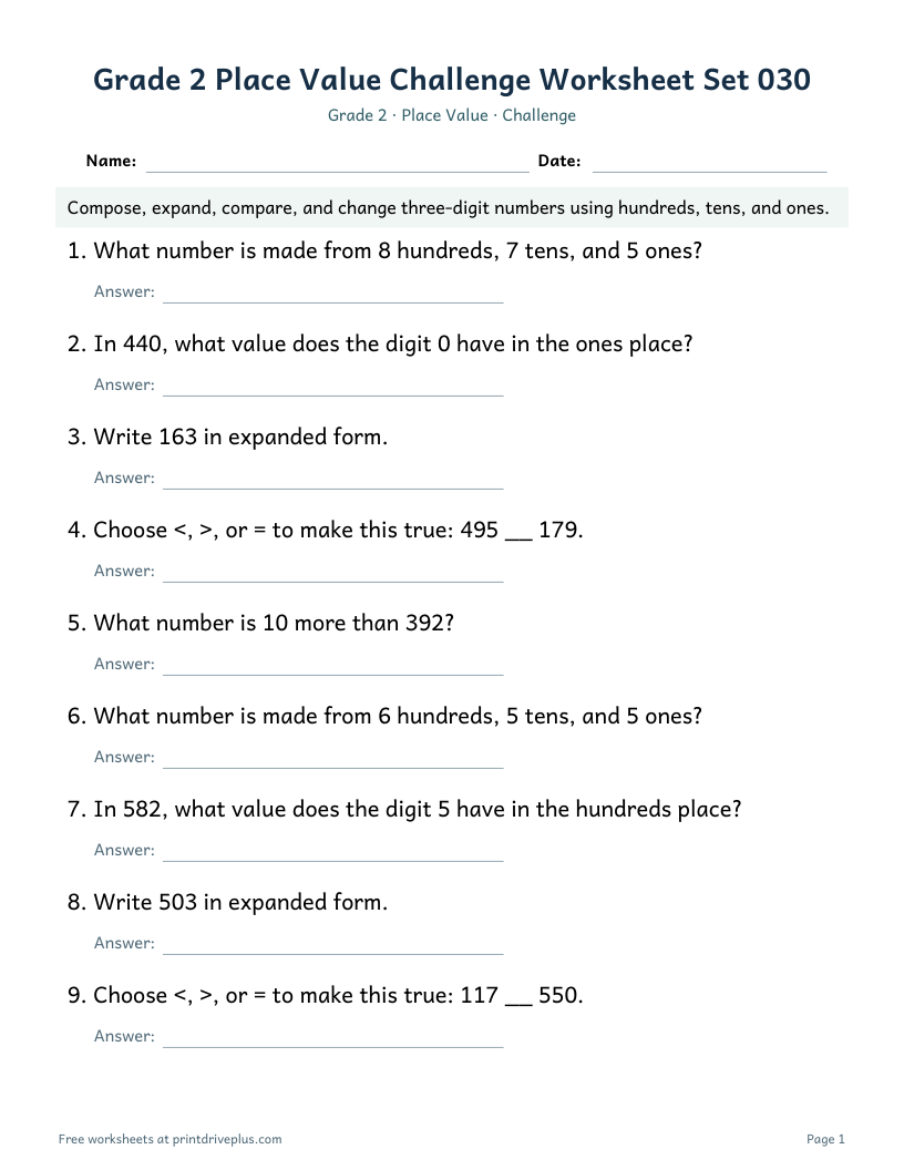 Preview of Grade 2 Place Value Challenge Worksheet Set 030