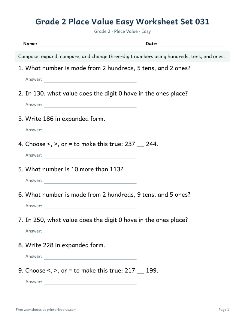 Preview of Grade 2 Place Value Easy Worksheet Set 031