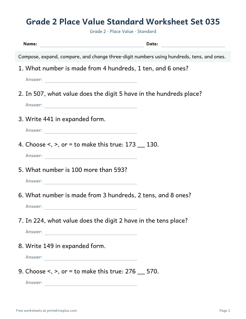 Preview of Grade 2 Place Value Standard Worksheet Set 035