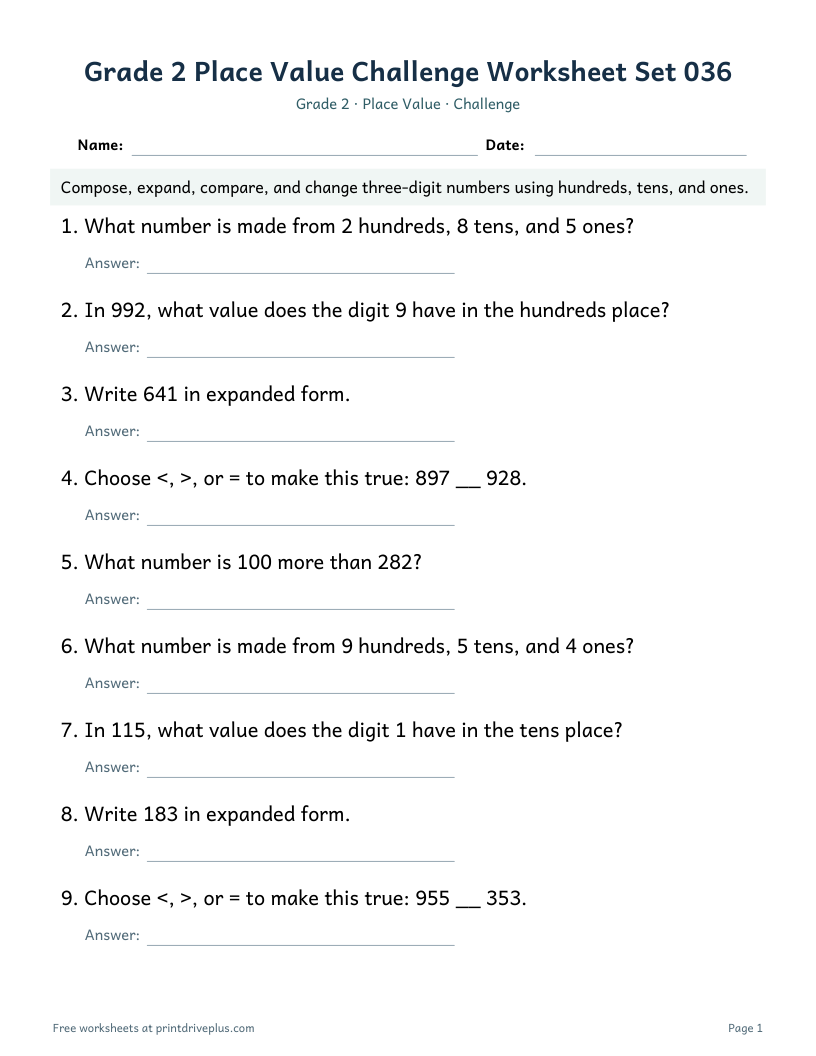 Preview of Grade 2 Place Value Challenge Worksheet Set 036