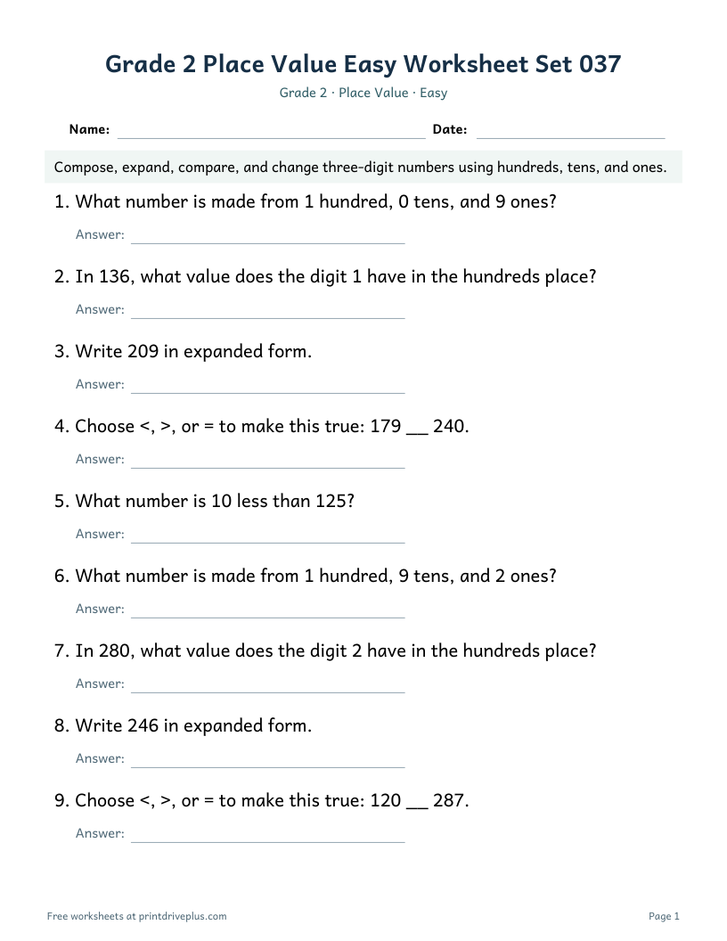 Preview of Grade 2 Place Value Easy Worksheet Set 037