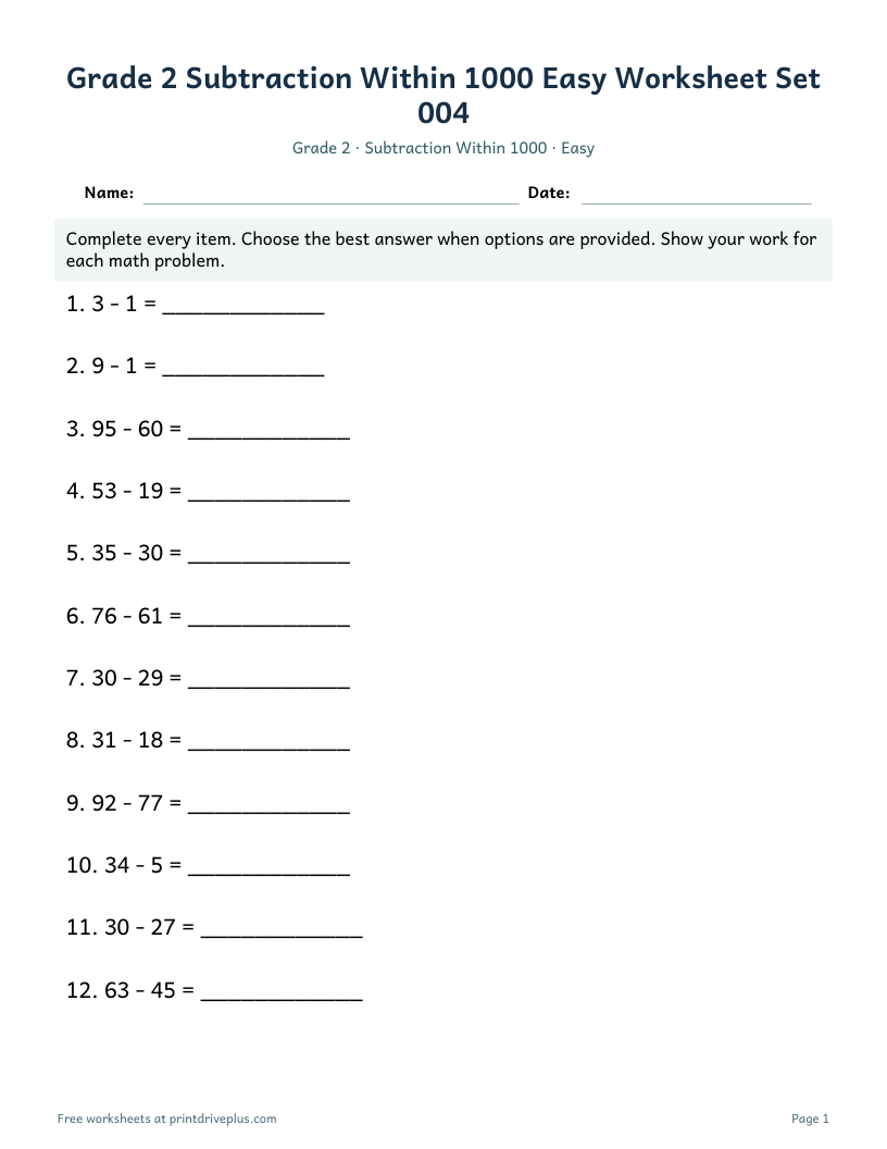 Preview of Grade 2 Subtraction Within 1000 Easy Worksheet Set 004