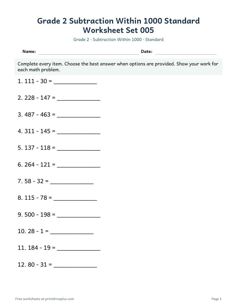 Preview of Grade 2 Subtraction Within 1000 Standard Worksheet Set 005