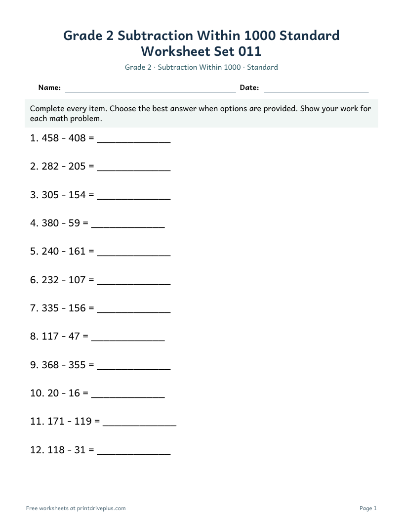 Preview of Grade 2 Subtraction Within 1000 Standard Worksheet Set 011