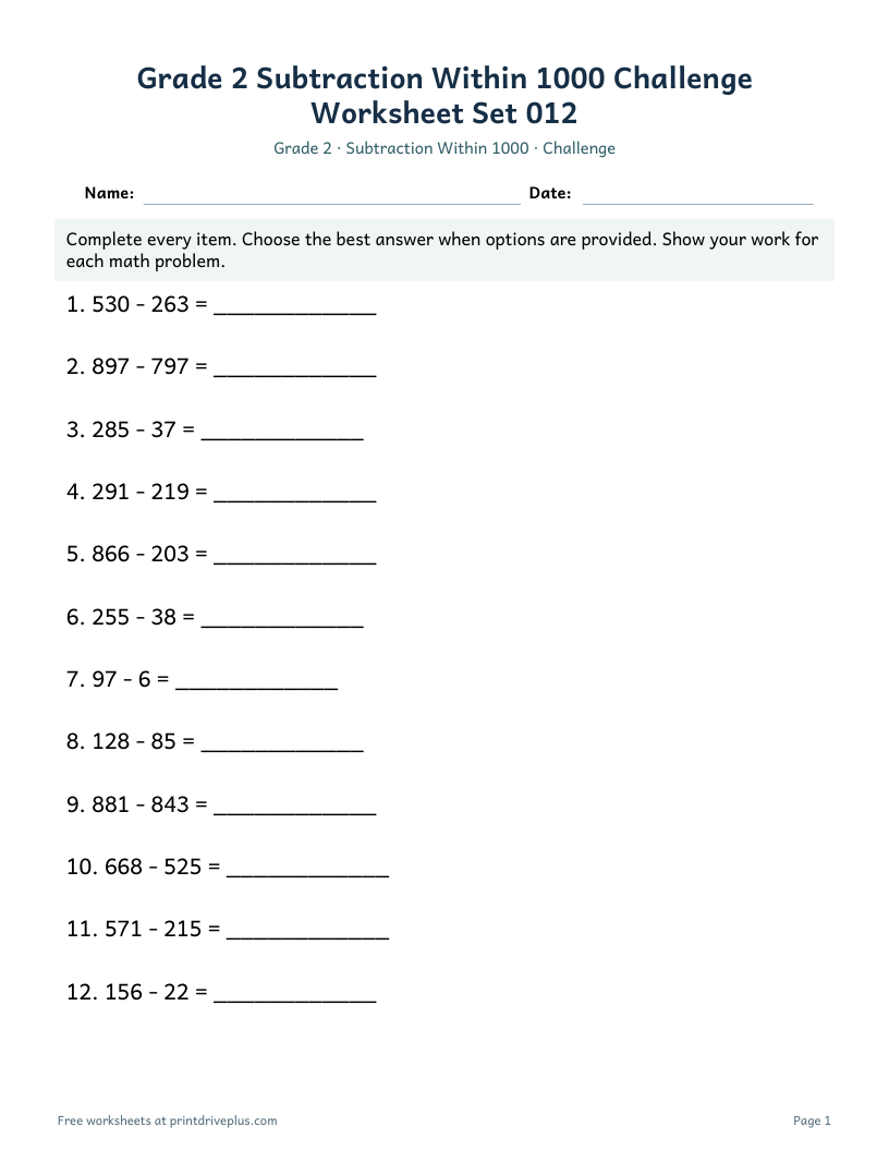 Preview of Grade 2 Subtraction Within 1000 Challenge Worksheet Set 012