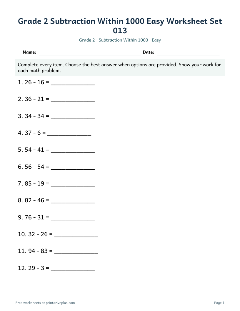 Preview of Grade 2 Subtraction Within 1000 Easy Worksheet Set 013