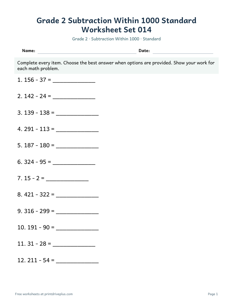 Preview of Grade 2 Subtraction Within 1000 Standard Worksheet Set 014