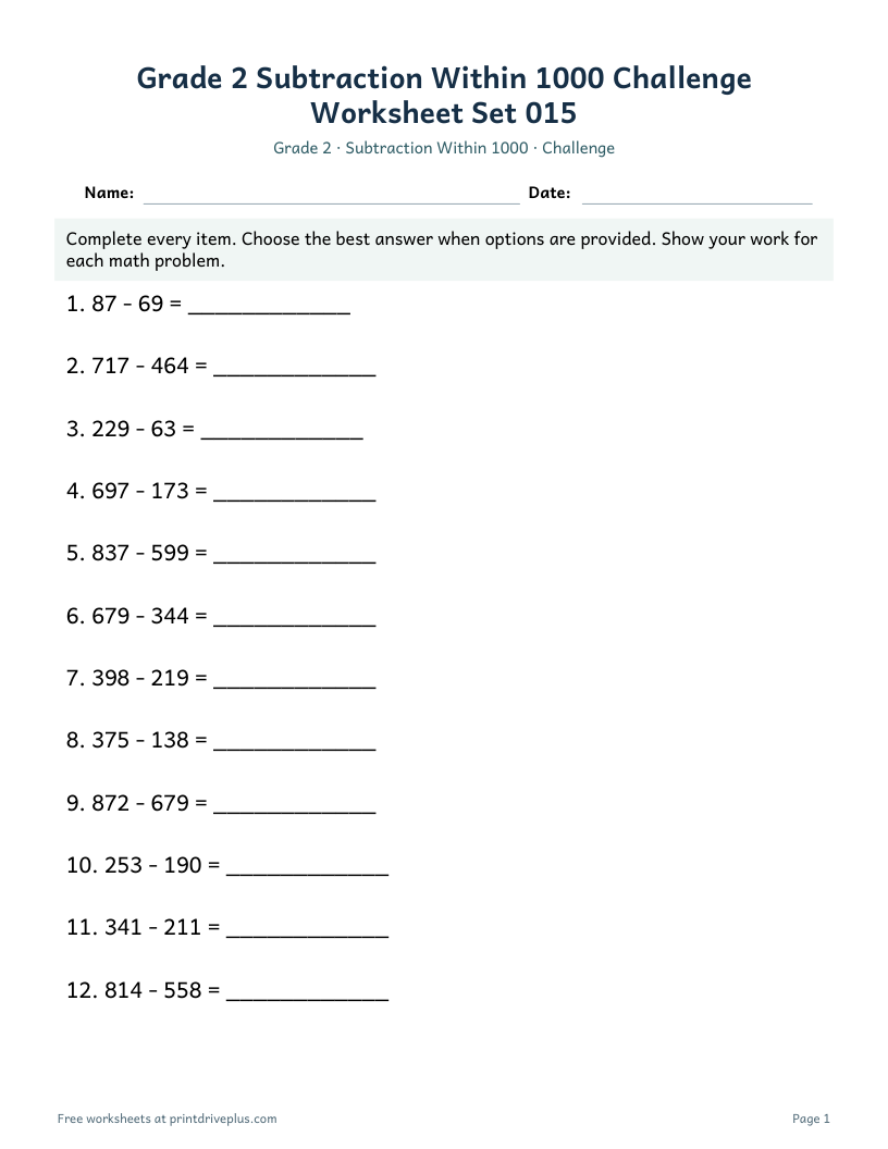 Preview of Grade 2 Subtraction Within 1000 Challenge Worksheet Set 015