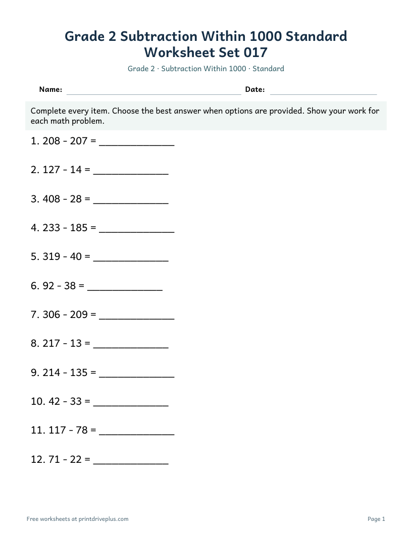 Preview of Grade 2 Subtraction Within 1000 Standard Worksheet Set 017