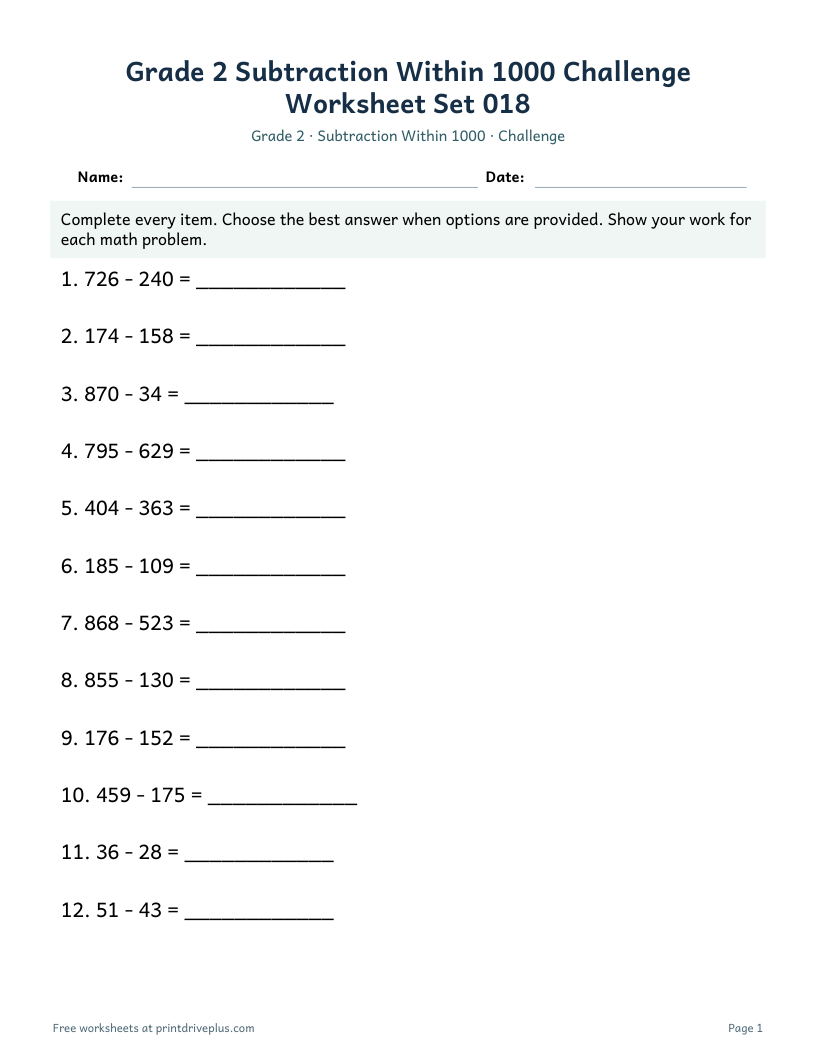 Preview of Grade 2 Subtraction Within 1000 Challenge Worksheet Set 018