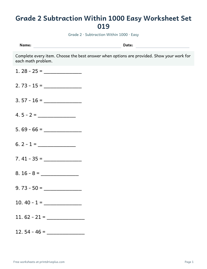 Preview of Grade 2 Subtraction Within 1000 Easy Worksheet Set 019