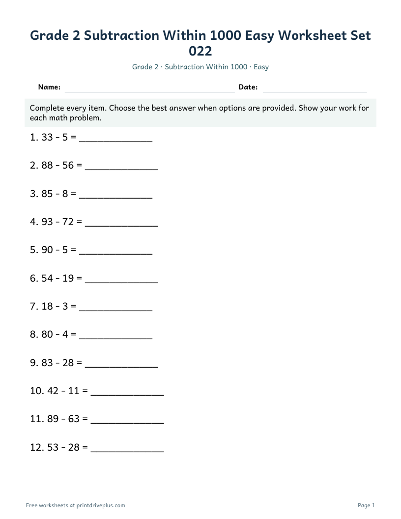 Preview of Grade 2 Subtraction Within 1000 Easy Worksheet Set 022