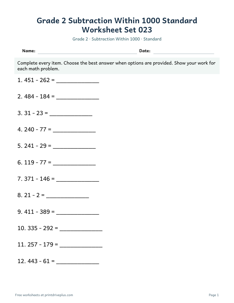 Preview of Grade 2 Subtraction Within 1000 Standard Worksheet Set 023