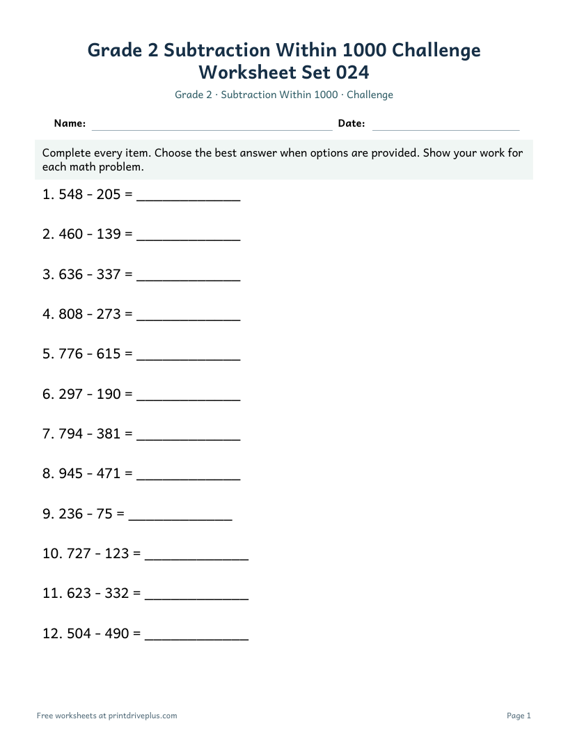 Preview of Grade 2 Subtraction Within 1000 Challenge Worksheet Set 024