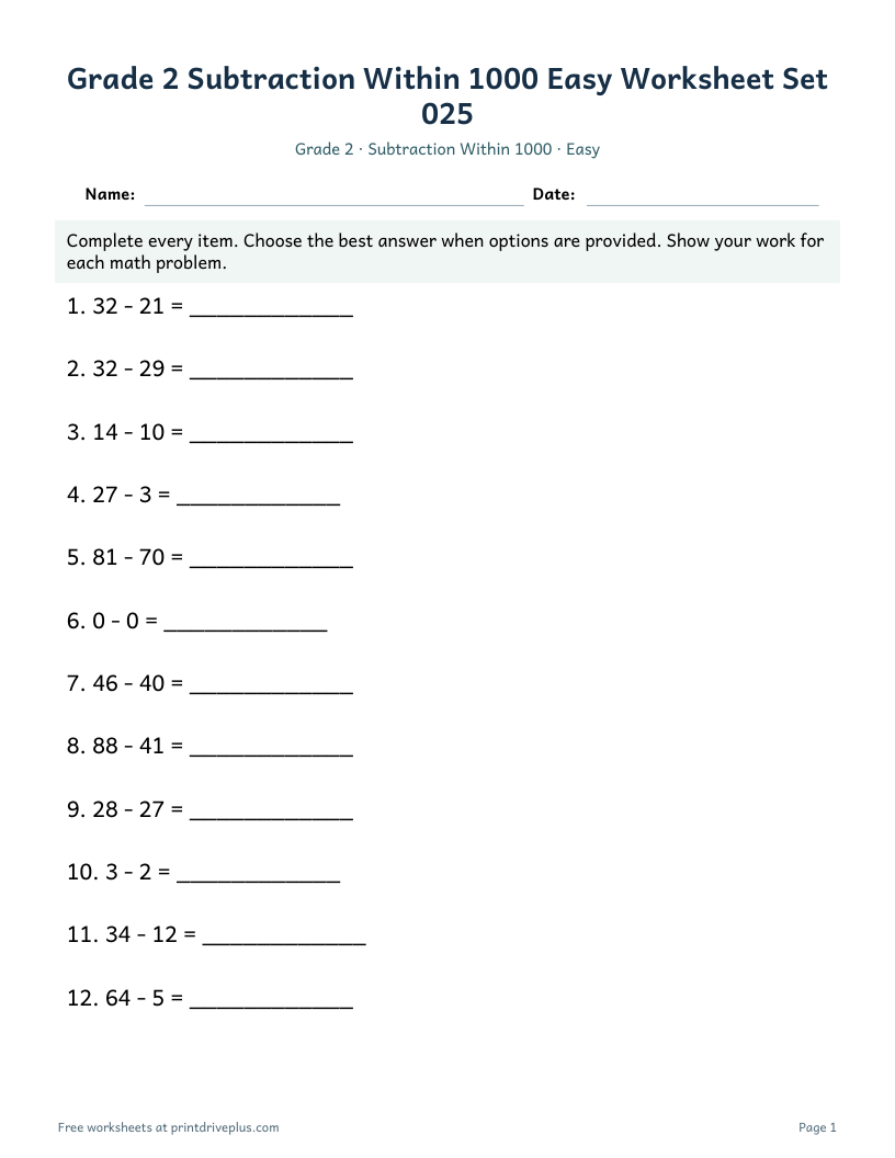 Preview of Grade 2 Subtraction Within 1000 Easy Worksheet Set 025