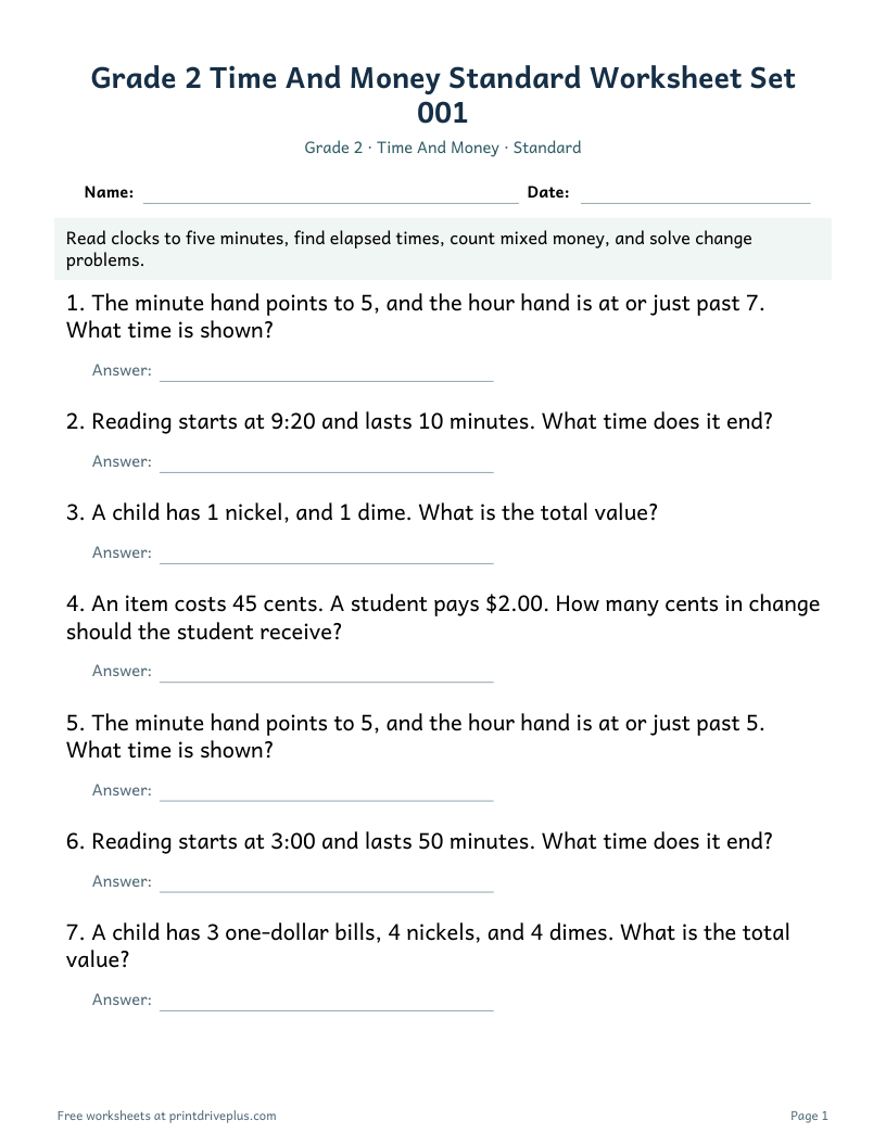 Preview of Grade 2 Time And Money Standard Worksheet Set 001