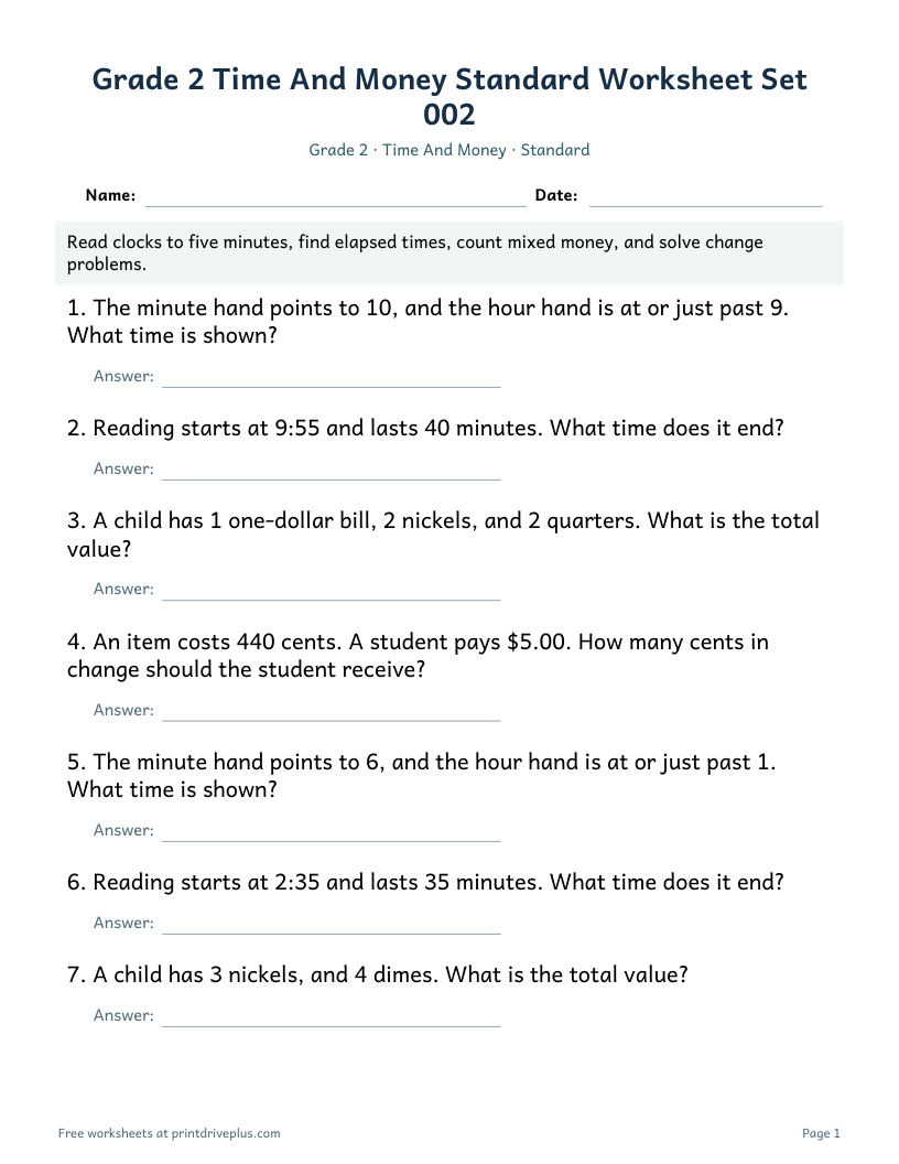 Preview of Grade 2 Time And Money Standard Worksheet Set 002