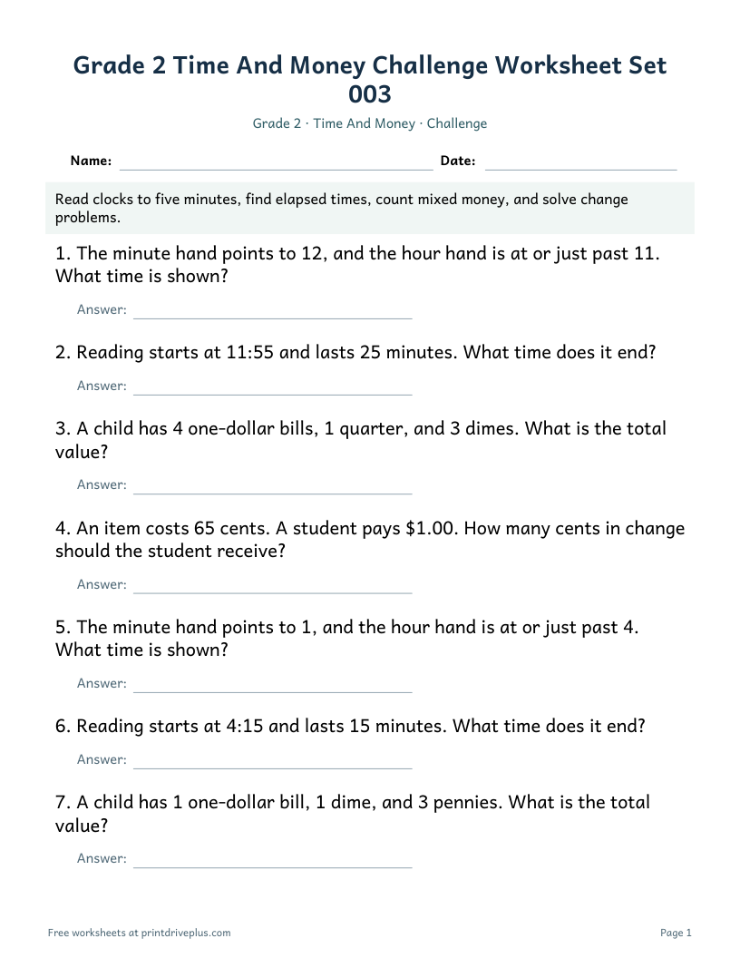 Preview of Grade 2 Time And Money Challenge Worksheet Set 003