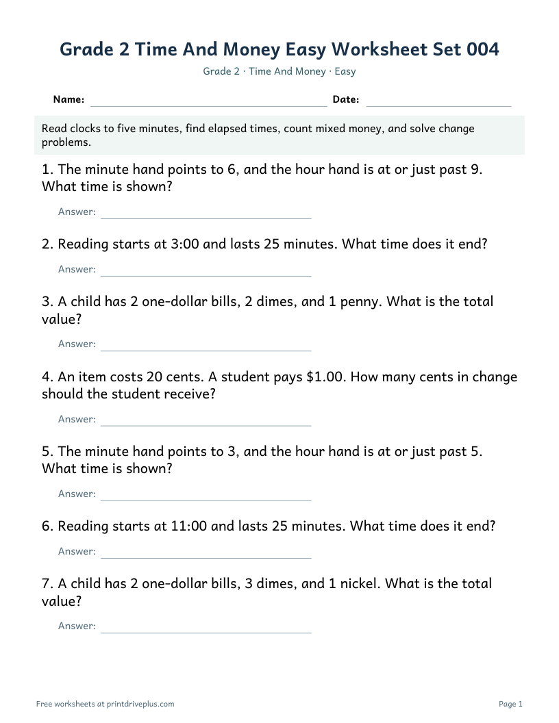 Preview of Grade 2 Time And Money Easy Worksheet Set 004