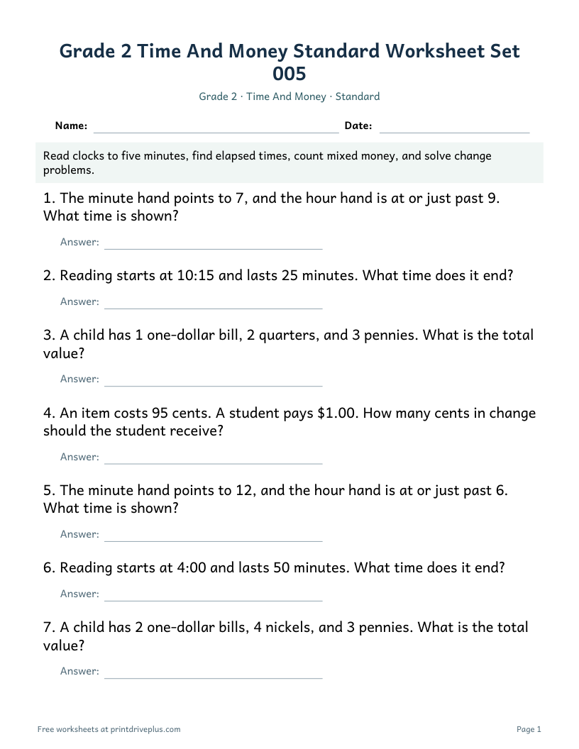 Preview of Grade 2 Time And Money Standard Worksheet Set 005