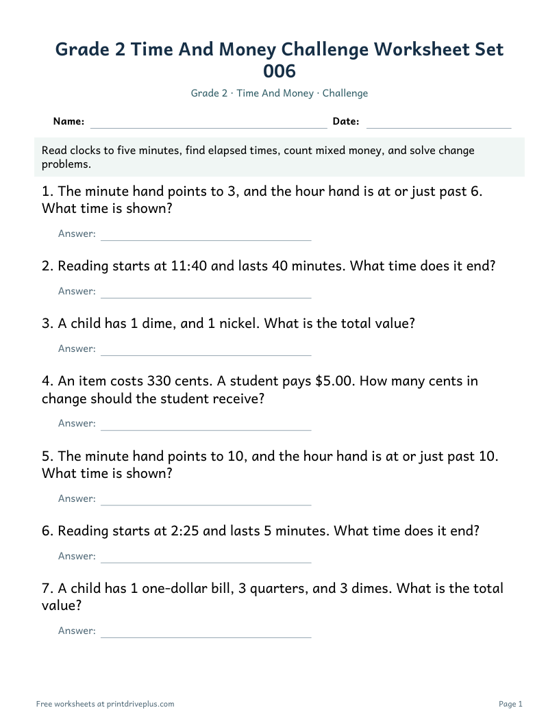 Preview of Grade 2 Time And Money Challenge Worksheet Set 006