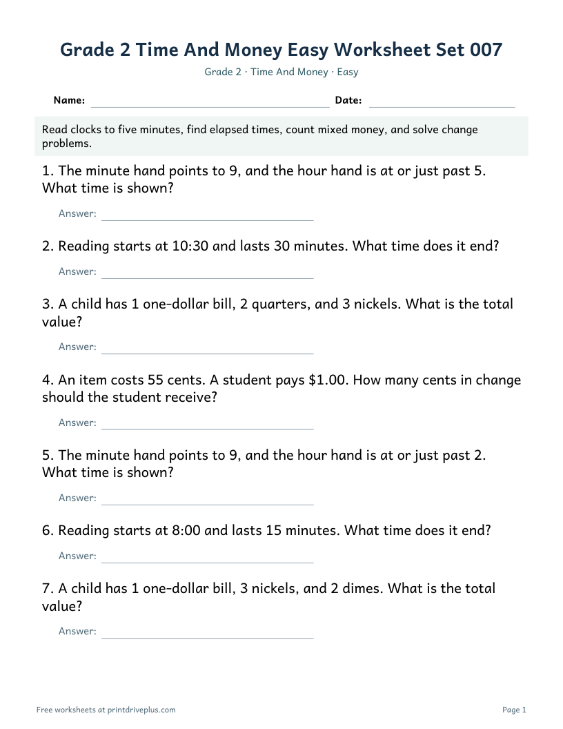Preview of Grade 2 Time And Money Easy Worksheet Set 007