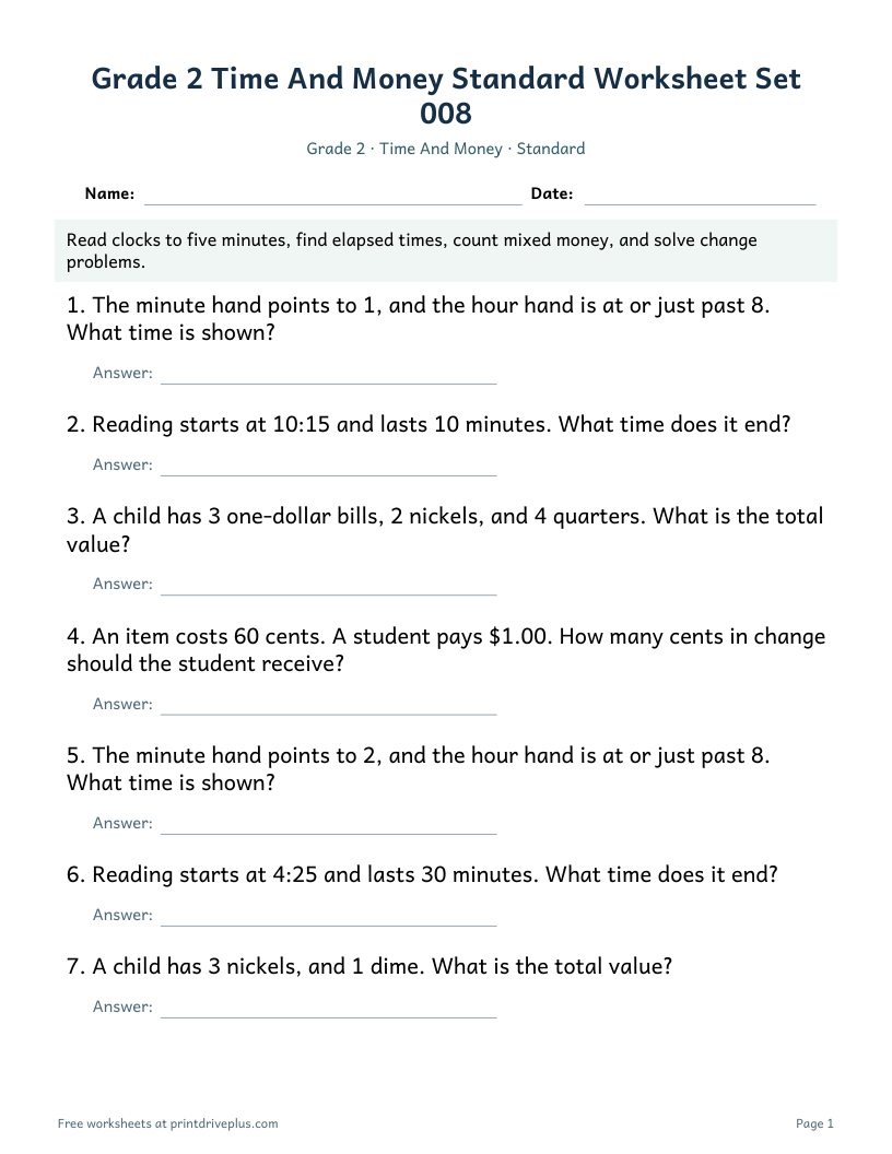 Preview of Grade 2 Time And Money Standard Worksheet Set 008