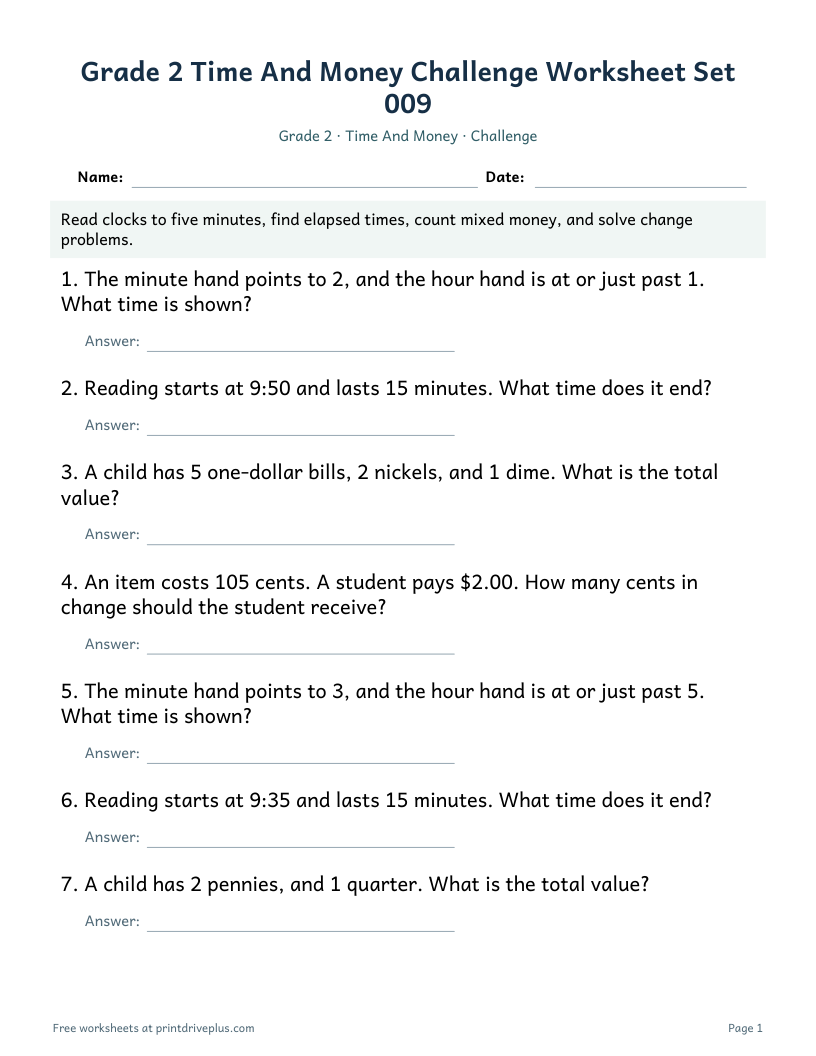 Preview of Grade 2 Time And Money Challenge Worksheet Set 009