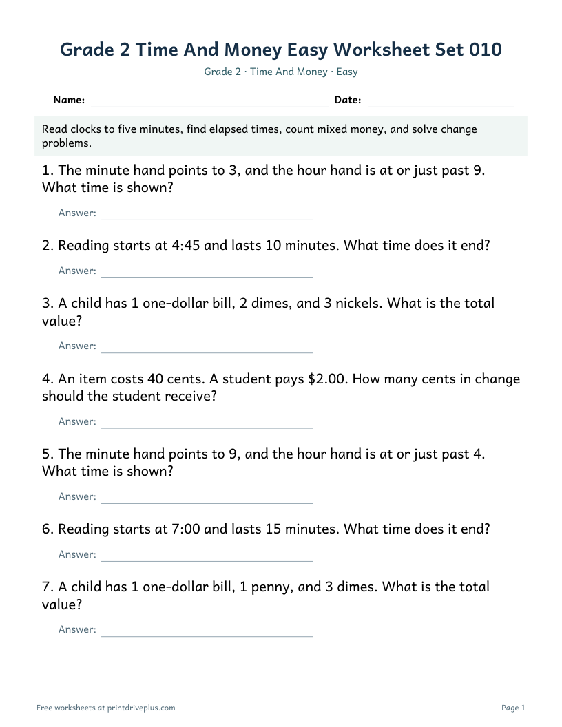 Preview of Grade 2 Time And Money Easy Worksheet Set 010
