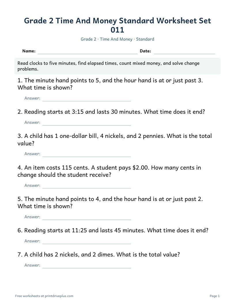Preview of Grade 2 Time And Money Standard Worksheet Set 011