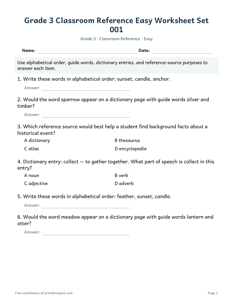 Preview of Grade 3 Classroom Reference Easy Worksheet Set 001