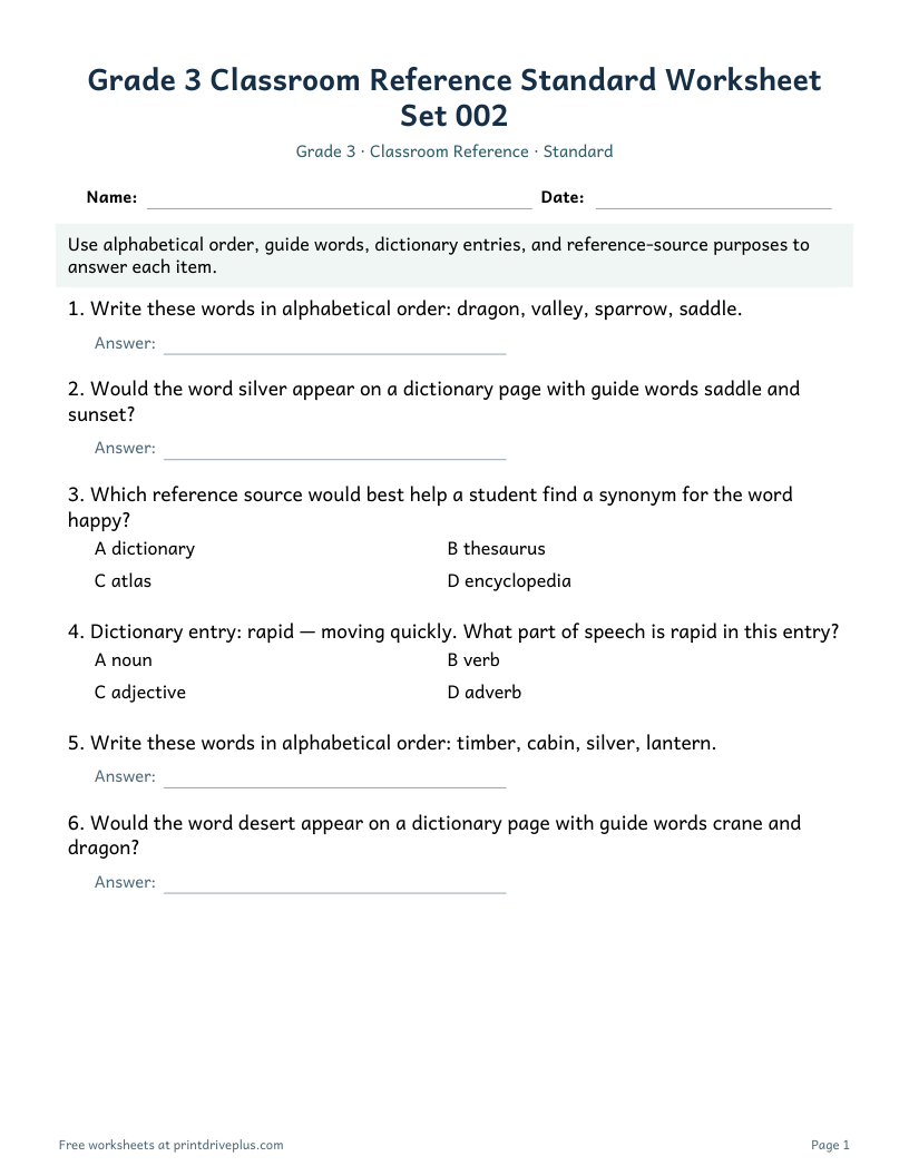 Preview of Grade 3 Classroom Reference Standard Worksheet Set 002