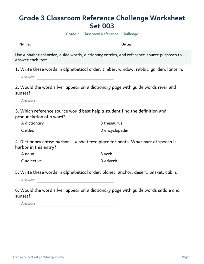 Preview of Grade 3 Classroom Reference Challenge Worksheet Set 003