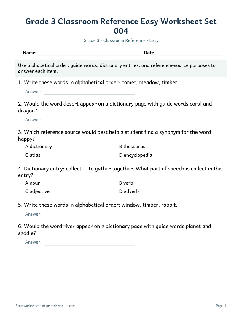Preview of Grade 3 Classroom Reference Easy Worksheet Set 004