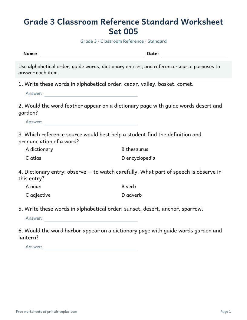 Preview of Grade 3 Classroom Reference Standard Worksheet Set 005