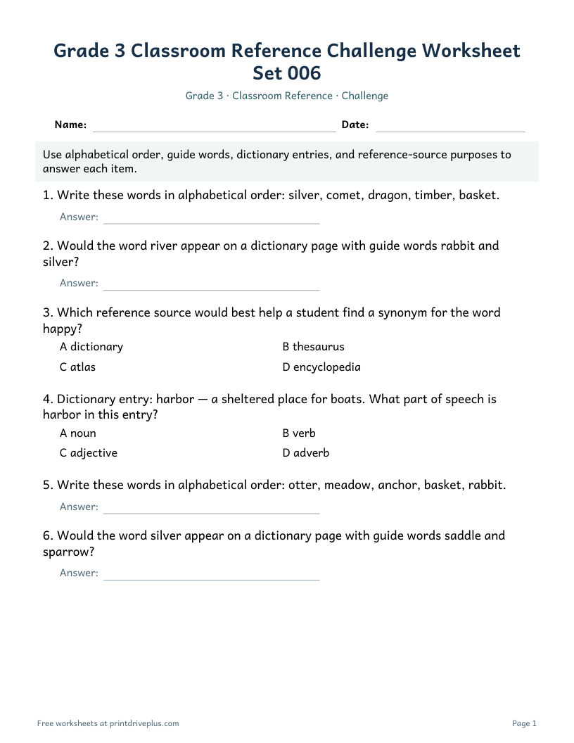 Preview of Grade 3 Classroom Reference Challenge Worksheet Set 006