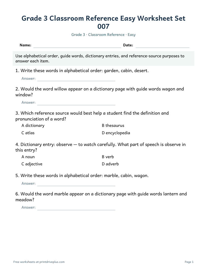 Preview of Grade 3 Classroom Reference Easy Worksheet Set 007