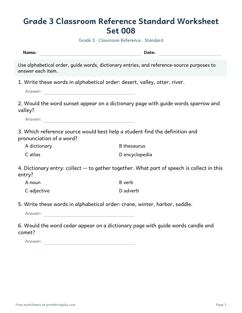 Preview of Grade 3 Classroom Reference Standard Worksheet Set 008