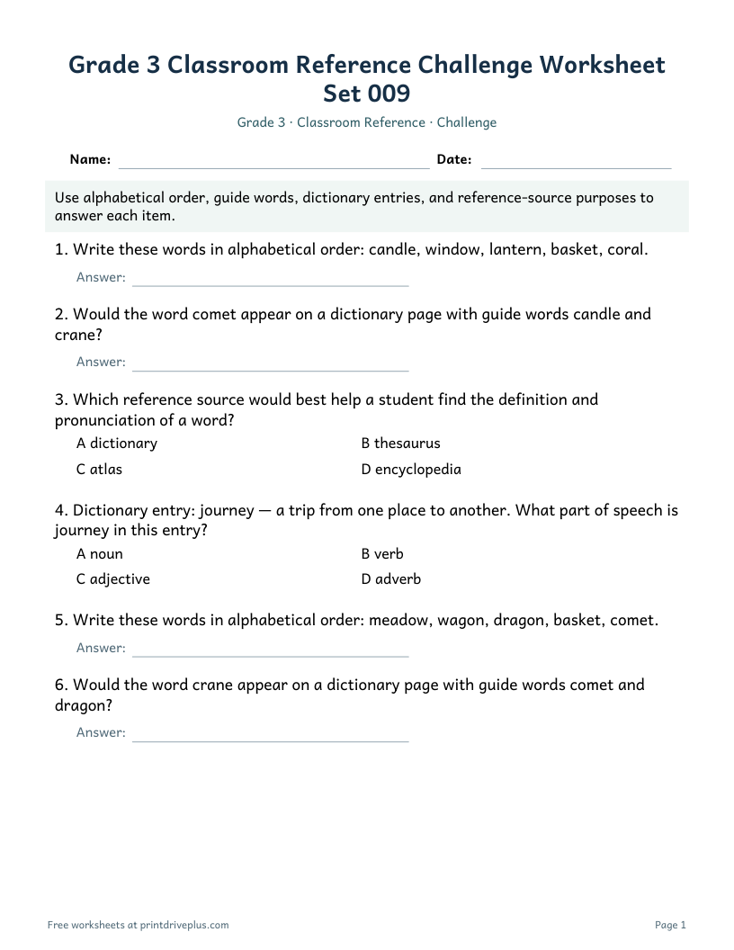 Preview of Grade 3 Classroom Reference Challenge Worksheet Set 009
