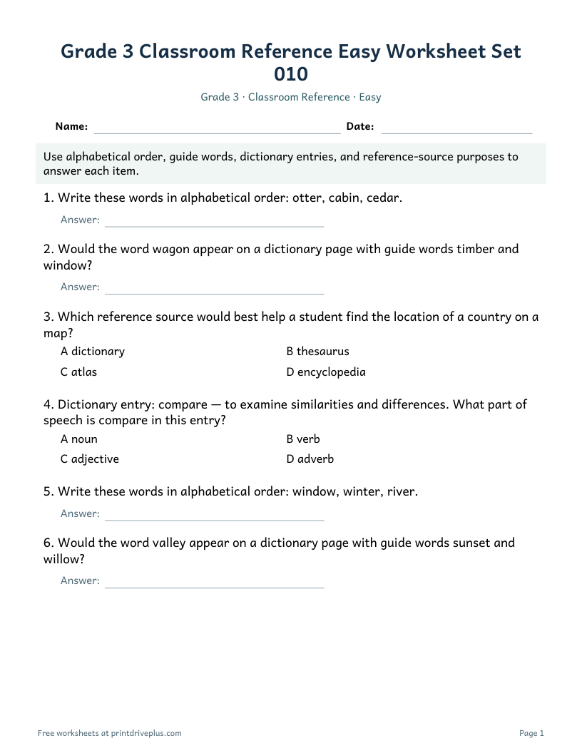 Preview of Grade 3 Classroom Reference Easy Worksheet Set 010