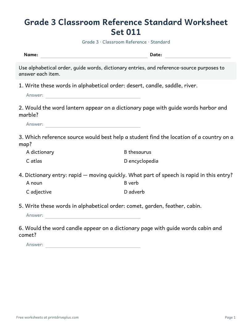Preview of Grade 3 Classroom Reference Standard Worksheet Set 011